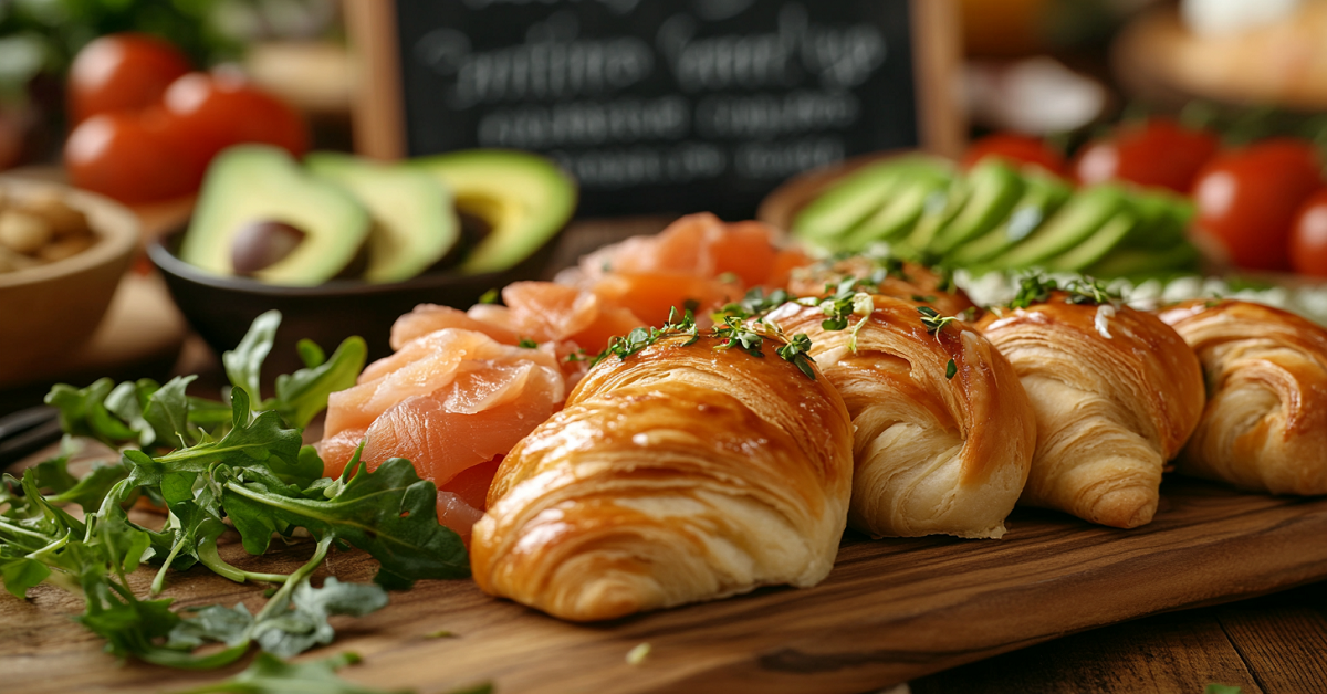 Golden croissants served on a wooden board with smoked salmon, sliced avocado, and fresh arugula.