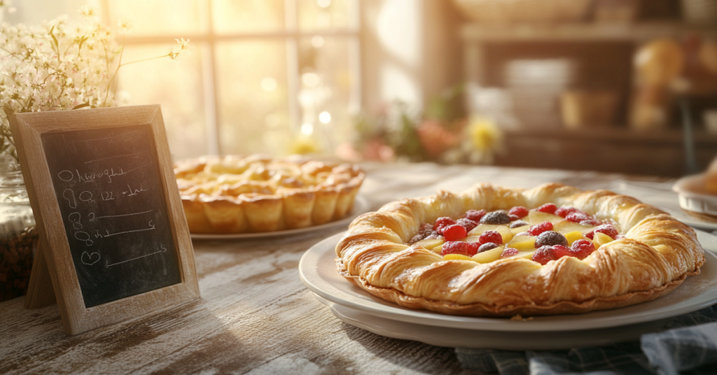 Fruit-topped pastry tart in a sunlit kitchen setting with a small chalkboard and another pie in the background.