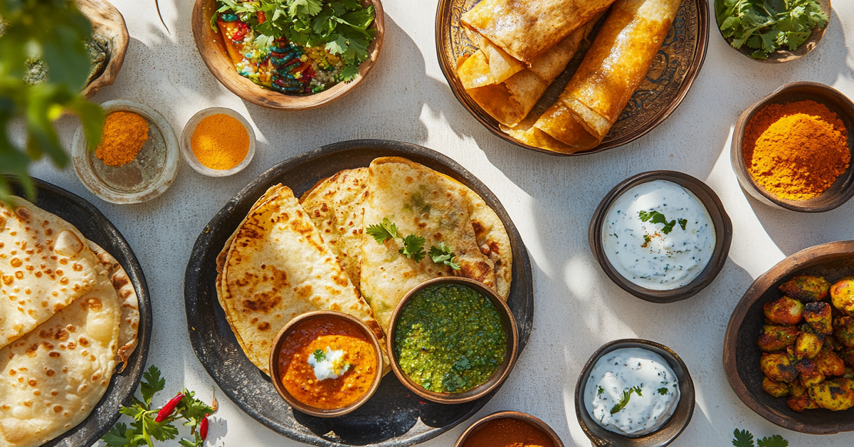 An assortment of Indian dishes including naan, chutneys, and sauces arranged on a white tabletop.