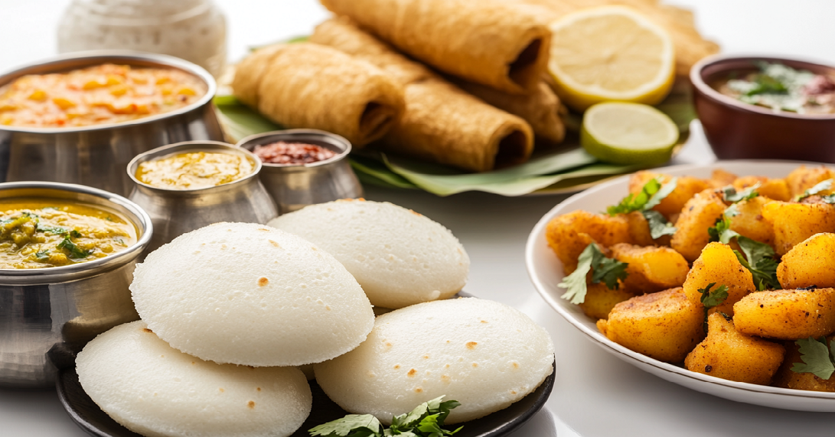 A variety of South Indian dishes including idli, dosa, and seasoned potatoes served with chutneys.