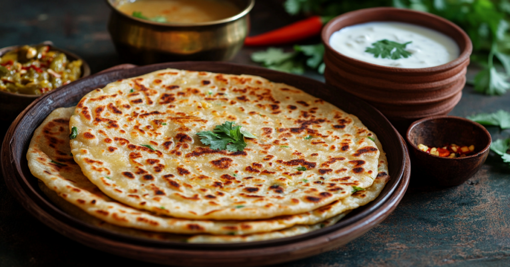 Indian paratha served with yogurt and pickle.