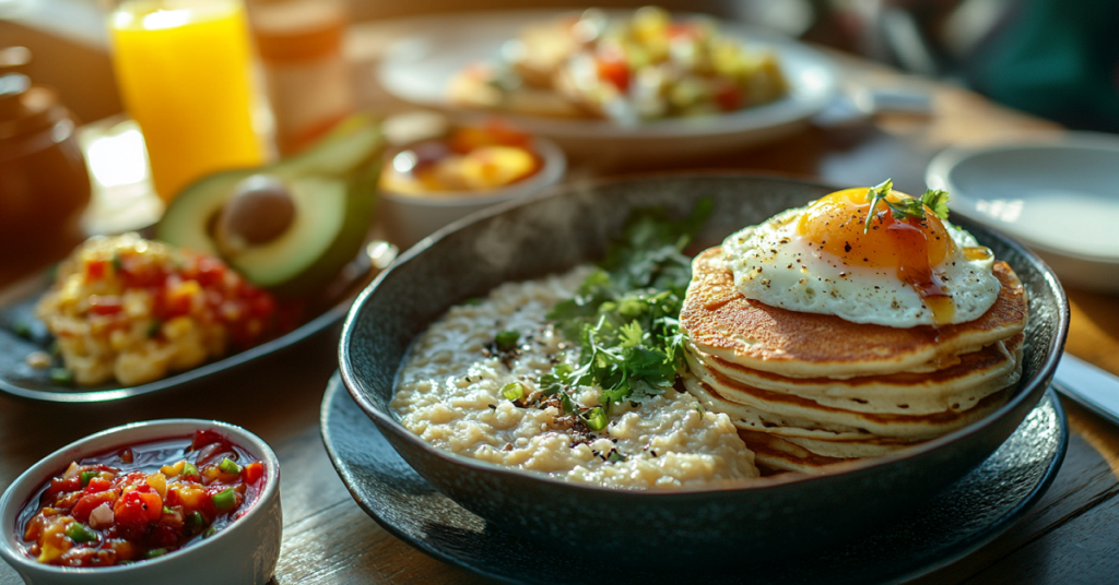 Breakfast spread featuring pancakes with a fried egg, oatmeal, avocado, and salsa.