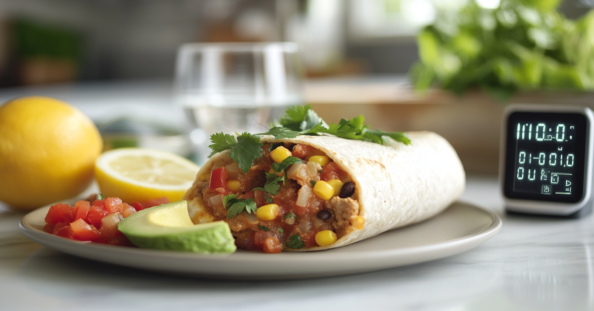 A breakfast burrito filled with beans, corn, and veggies, served with avocado slices, salsa, and lemon on a plate.