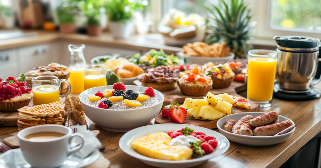 An inviting breakfast buffet with a variety of foods including fruits, juices, waffles, and eggs.