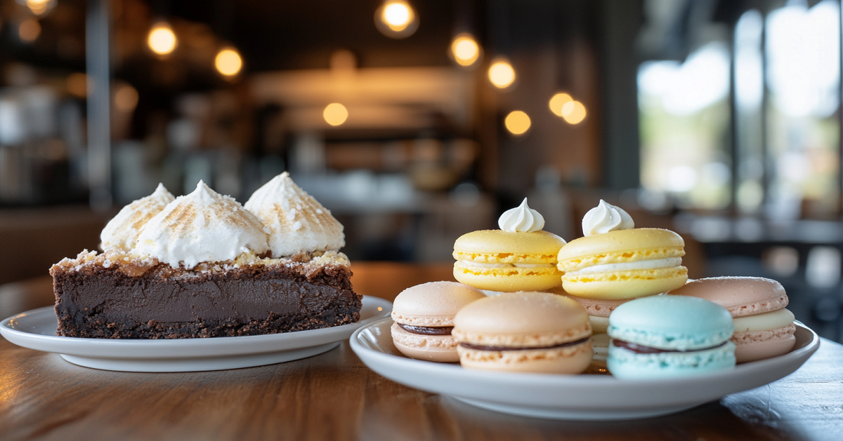 The Divorcées Dessert Cafe topped with whipped cream and a plate of colorful macarons on a wooden table.