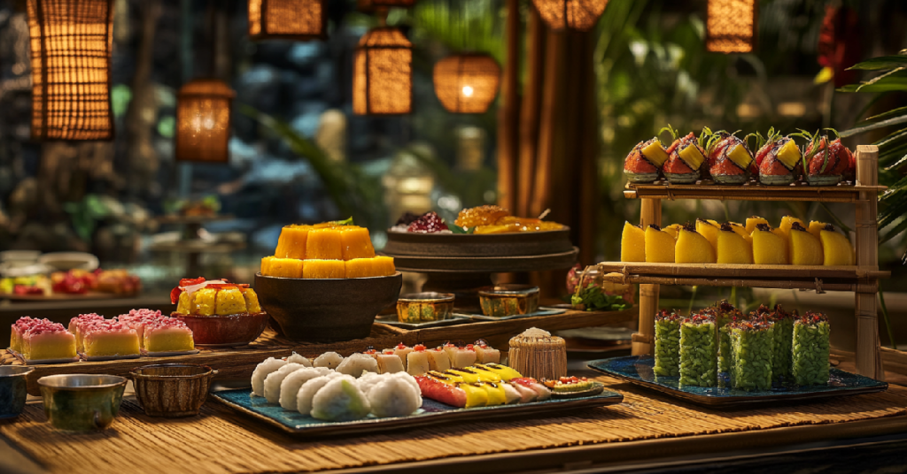 Elegant display of assorted Asian desserts and sweets on a wooden table under warm, ambient lighting.