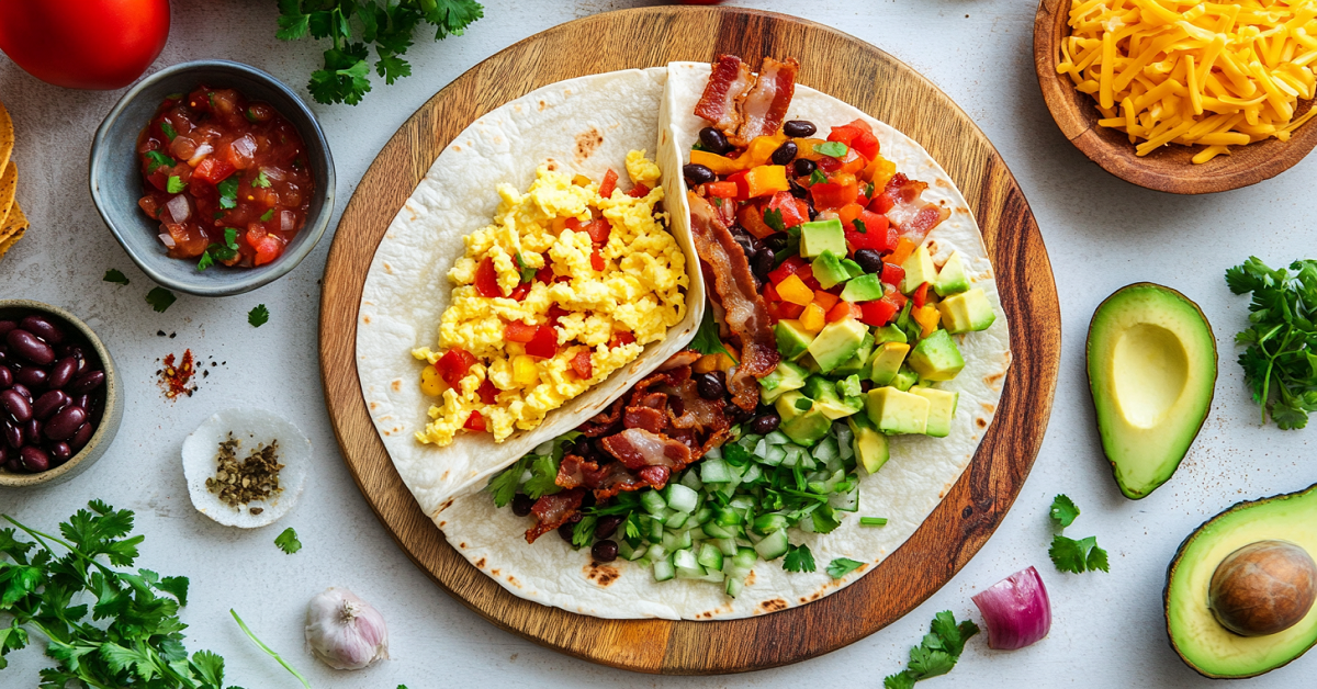 Three breakfast tacos filled with scrambled eggs, bacon, vegetables, and avocado on a wooden serving board surrounded by fresh ingredients.