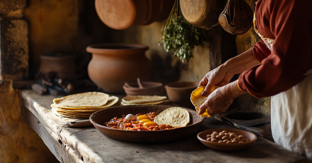 A person preparing flatbreads with roasted vegetables in a rustic kitchen with clay pots and herbs hanging on the wall.