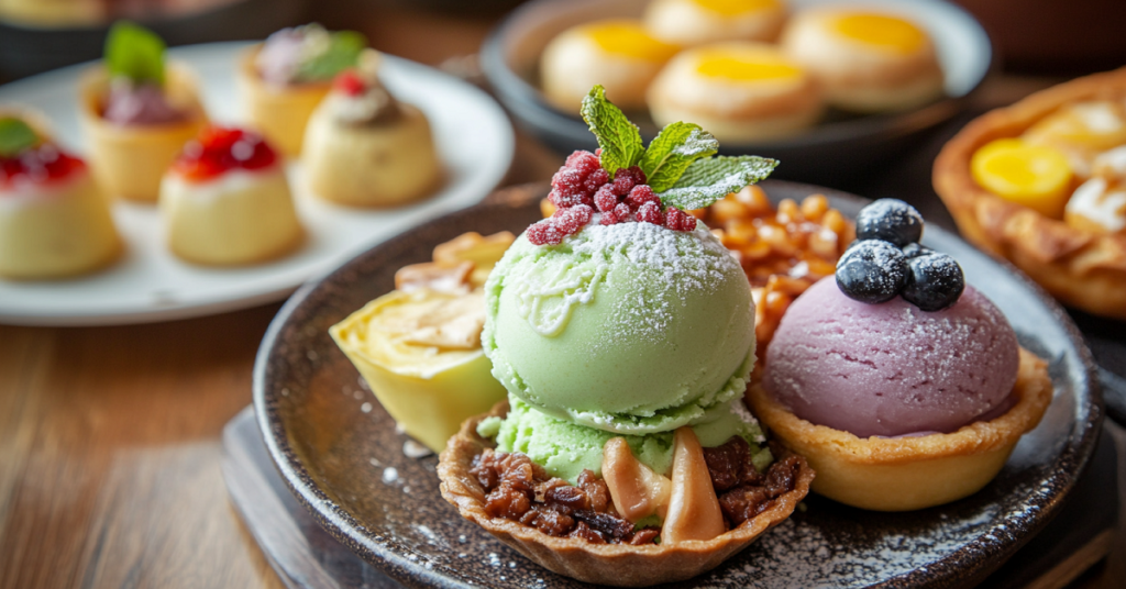 Assorted gourmet ice cream scoops with mint garnish on dessert tarts, surrounded by colorful mini pastries.