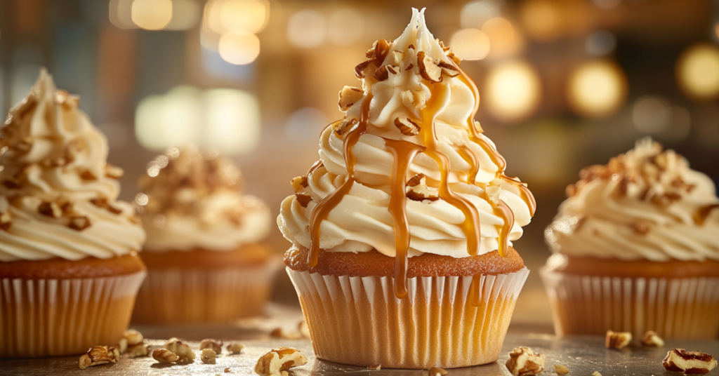 A batch of cupcakes with swirled cream cheese frosting, garnished with crushed nuts and a drizzle of caramel.