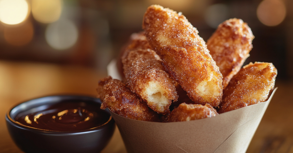 Golden-brown air fryer churros coated in cinnamon sugar, served with chocolate dipping sauce.
