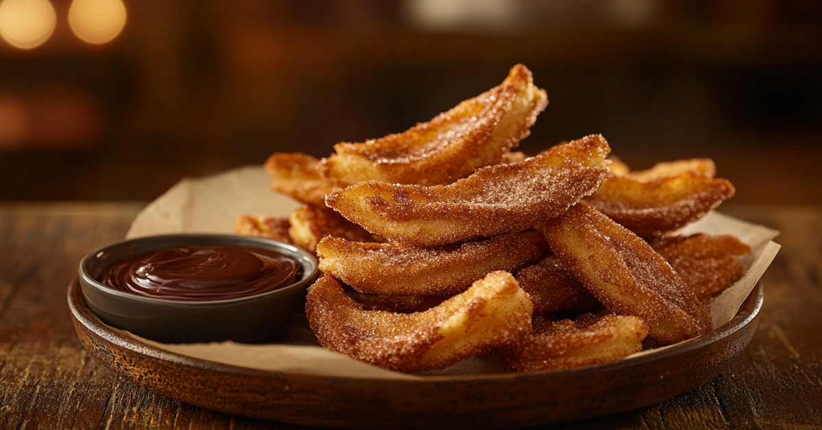 Golden-brown air fryer churros dusted with cinnamon sugar, served with chocolate dipping sauce.