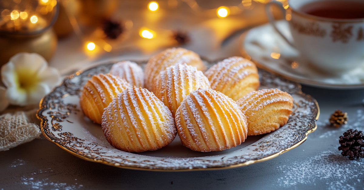 A plate of golden, shell-shaped madeleine cookies dusted with powdered sugar, served with a cup of tea.