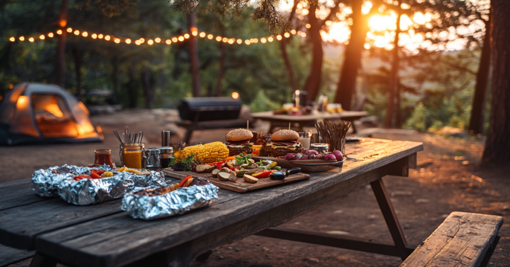 A scenic wooden picnic table at a campsite with grilled burgers, foil-wrapped potatoes, vegetable skewers, and cornbread under the golden sunset.