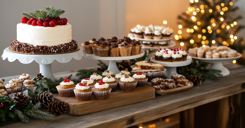 A festive holiday dessert table with a yule log cake, gingerbread cookies, and Christmas cupcakes, decorated with fairy lights and holly leaves.