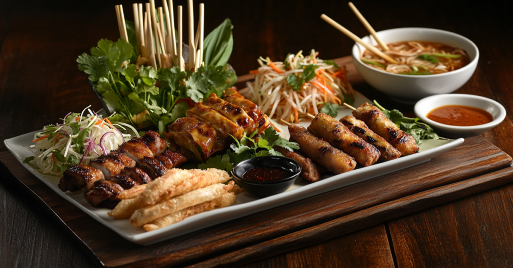 A plated Asian street food feast with pad Thai, spring rolls, yakitori skewers, and pho, served on a rustic wooden table.