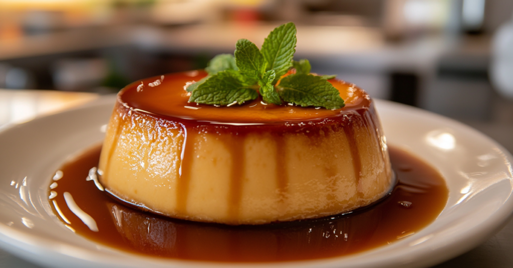 A creamy Brazilian pudim (flan) topped with rich caramel sauce and garnished with fresh mint.