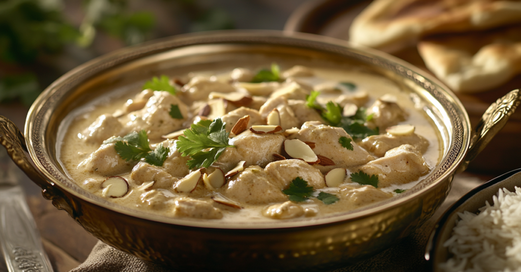 A bowl of creamy chicken korma with tender chicken in a golden cashew sauce, garnished with cilantro and almonds, served with naan and basmati rice.