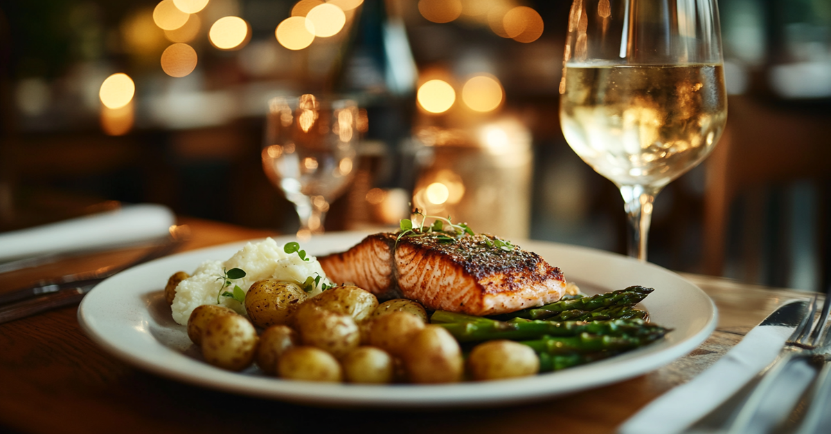A cozy dinner for two with grilled salmon, roasted baby potatoes, and asparagus, served with white wine on a candlelit table.
