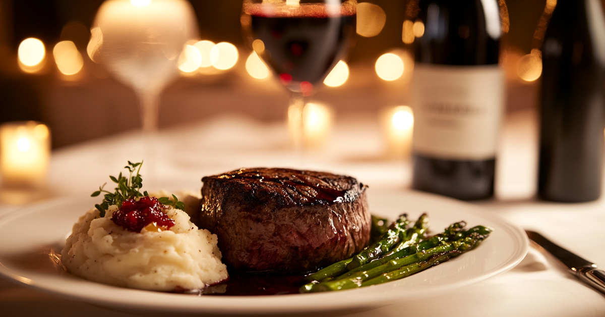 A romantic candlelit dinner with filet mignon, mashed potatoes, and asparagus, elegantly plated for a special date night.