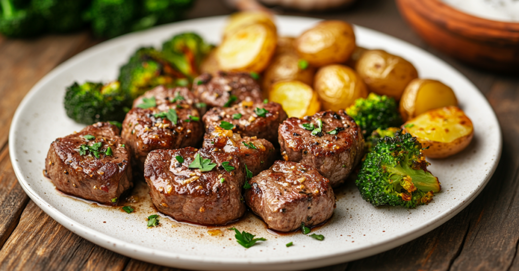 A plate of garlic steak bites served with roasted baby potatoes and steamed broccoli, drizzled with garlic butter.