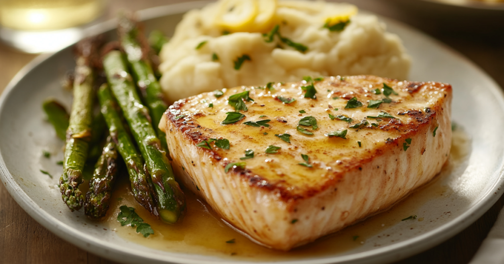 A perfectly seared swordfish steak drizzled with lemon butter sauce, served with roasted asparagus and mashed potatoes.