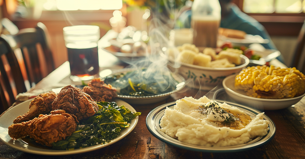 A rustic Southern kitchen with a vintage stove, cast-iron skillets sizzling with fried chicken, and bubbling pots of gumbo, bathed in natural sunlight.