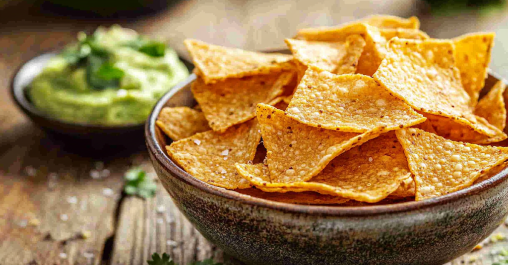 A bowl of crispy homemade quinoa chips, lightly salted, served with guacamole on a rustic wooden table.