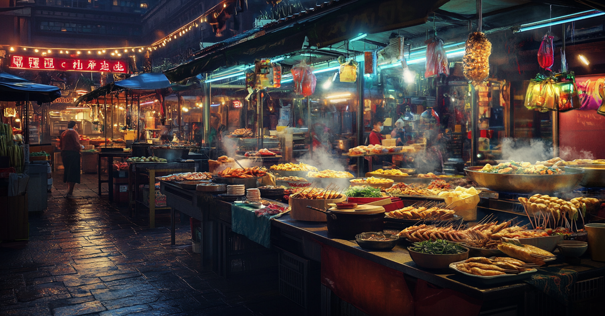 A vibrant Asian street food market at night, featuring sizzling woks, dumplings, and skewered satay under glowing neon lights.