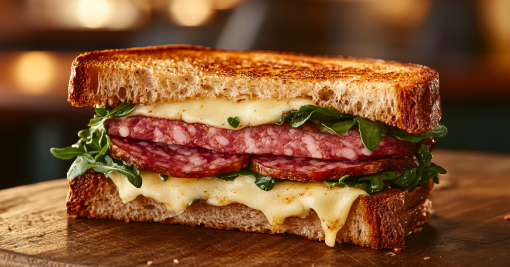 A beef salami and cheese sandwich with Swiss cheese, arugula, and mustard on artisan sourdough bread, served on a rustic plate.