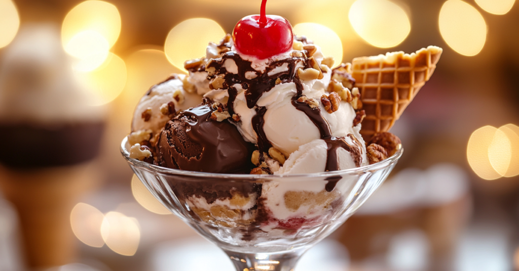 A decadent ice cream sundae with chocolate drizzle, whipped cream, and a cherry on top, served in a glass dish.
