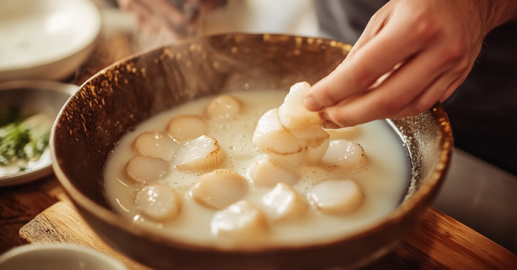 Fresh scallops soaking in a bowl of milk, with a chef’s hand placing one in to enhance texture and flavor.