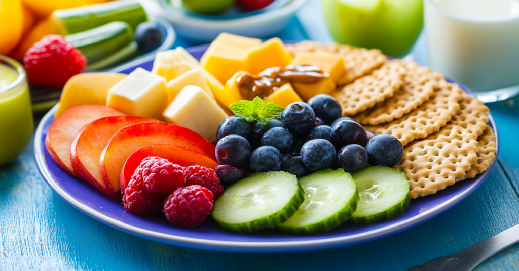 A colorful DIY lunch plate with apple slices, cheese cubes, mixed berries, whole grain crackers, and cucumber sticks.