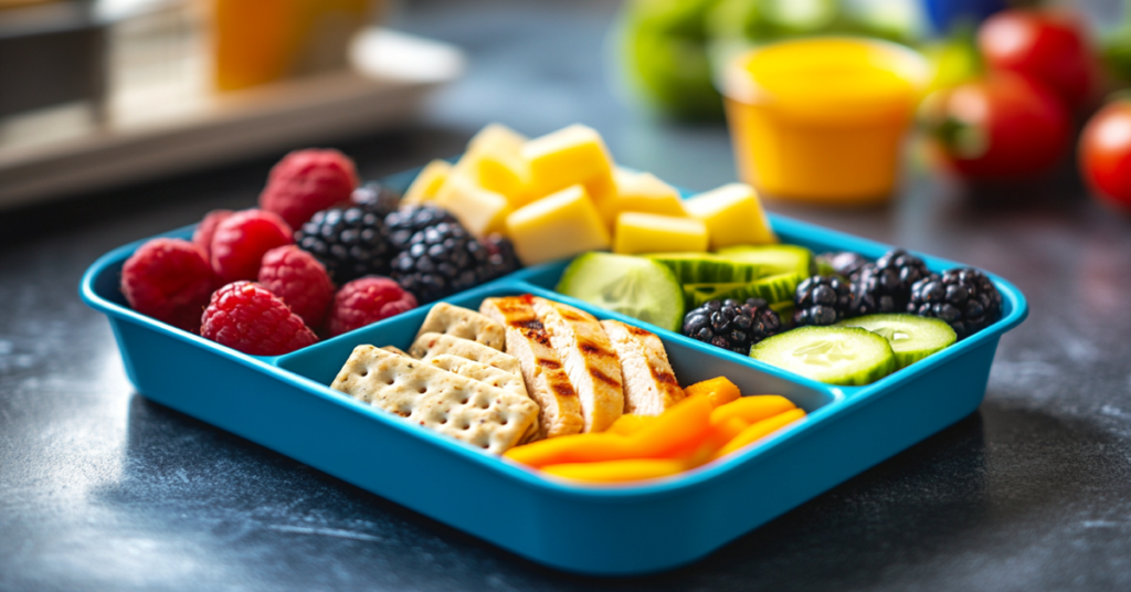 A teen-friendly bento box with grilled chicken, whole grain crackers, cheese, fresh berries, and cucumber slices.