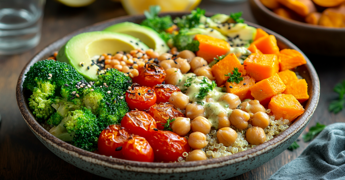 A gluten and dairy-free quinoa bowl with roasted sweet potatoes, broccoli, chickpeas, and lemon tahini dressing.