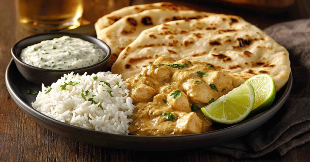 A plated chicken korma meal with basmati rice, naan bread, and cucumber raita, served on a rustic wooden table.