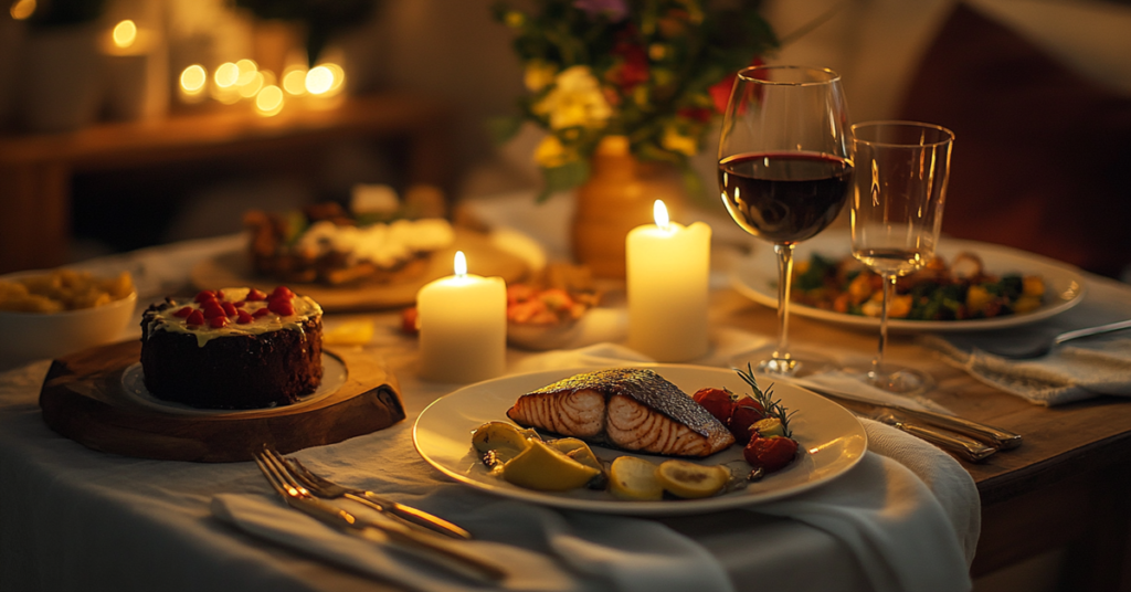 A cozy home dining table set for two, featuring grilled salmon, roasted vegetables, and chocolate lava cake with red wine.