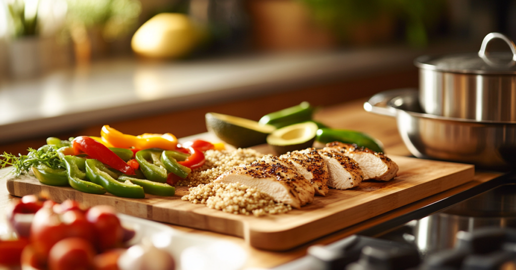 A colorful gluten-free dinner spread featuring grilled chicken, roasted vegetables, quinoa salad, and zucchini noodles, served on a rustic wooden table.