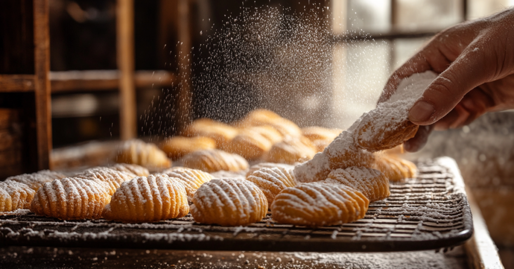 A rustic French bakery scene with a tray of freshly baked madeleine cookies being dusted with powdered sugar.