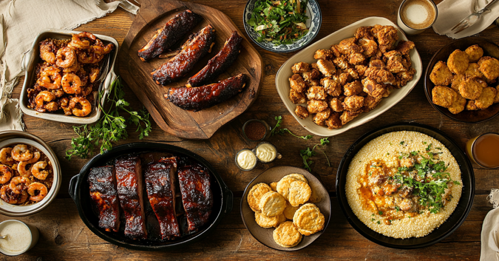 A family-style Southern dinner spread with BBQ ribs, fried chicken, shrimp and grits, biscuits, and sweet tea on a rustic farmhouse table.