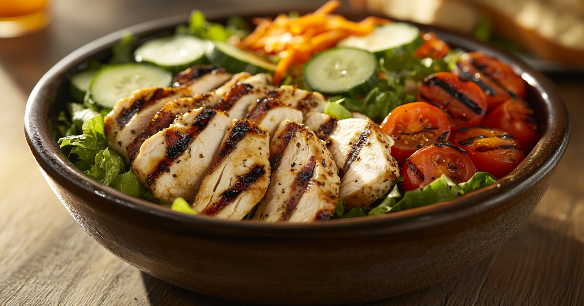 A grilled chicken salad bowl with mixed greens, cherry tomatoes, cucumber, and balsamic dressing, served in a rustic bowl.