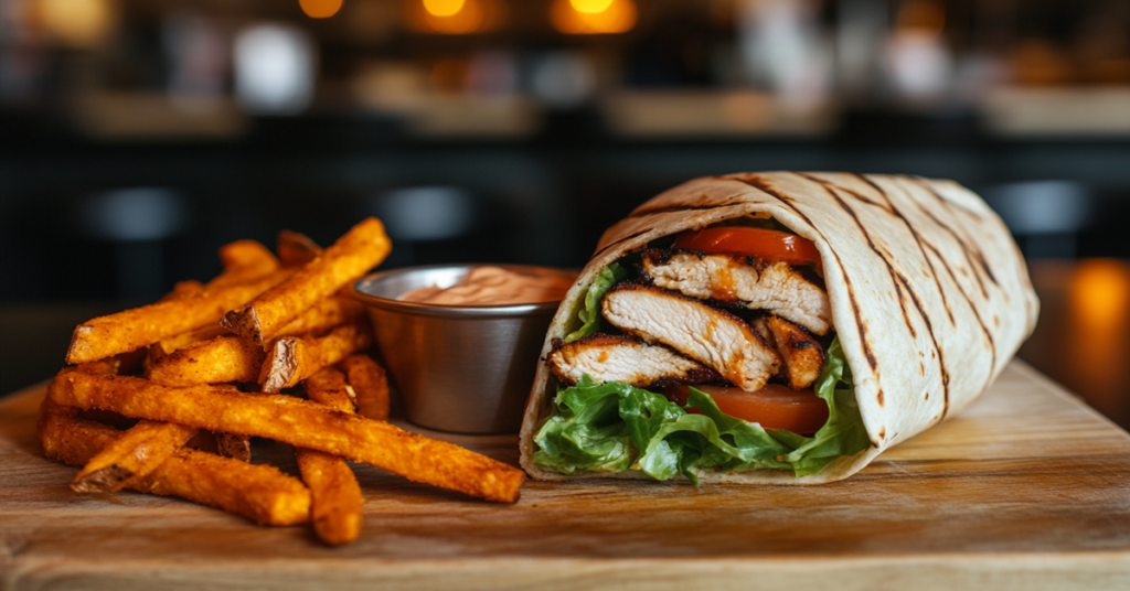 A grilled chicken wrap with fresh lettuce, tomatoes, and creamy dressing in a whole wheat tortilla, served with sweet potato fries.