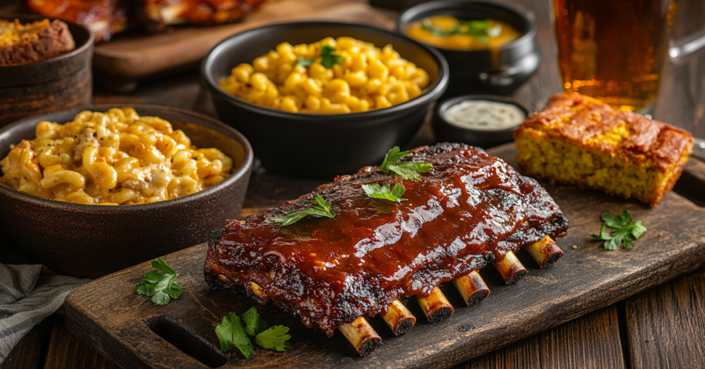 A comfort food dinner spread with BBQ ribs, creamy mac and cheese, and cornbread, served with a cold beer in a cozy setting.