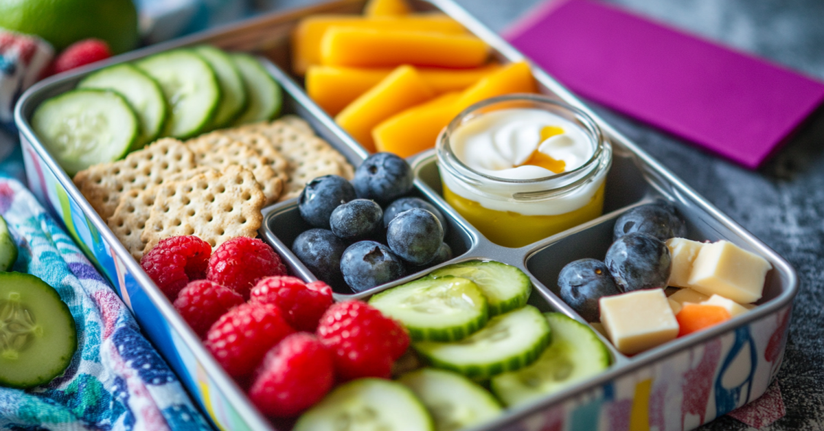 A DIY high school lunch with whole grain crackers, turkey, cheese, cucumber slices, and berries, served in a bento box.