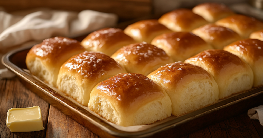 A tray of golden, fluffy Rhodes dinner rolls fresh from the oven, glistening with melted butter.