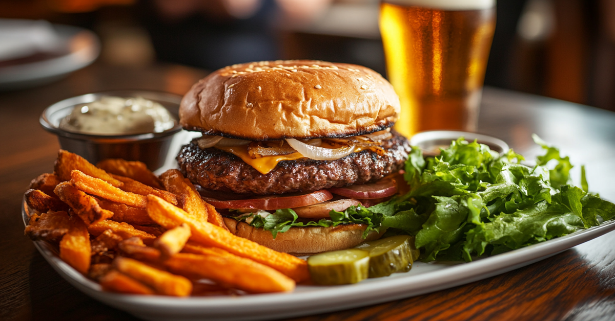 A gourmet bison burger with Swiss cheese, caramelized onions, and garlic aioli, served with sweet potato fries and a fresh salad.
