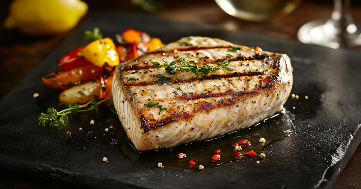A grilled swordfish steak with char marks, topped with lemon-caper sauce and fresh herbs, served with grilled vegetables.