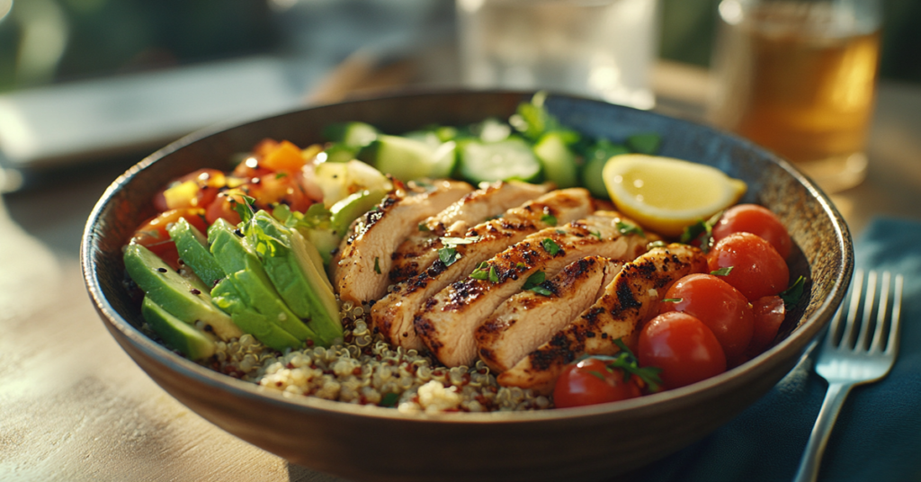 A high-protein chicken and quinoa power bowl with avocado, cherry tomatoes, and lemon vinaigrette, served in a ceramic bowl.