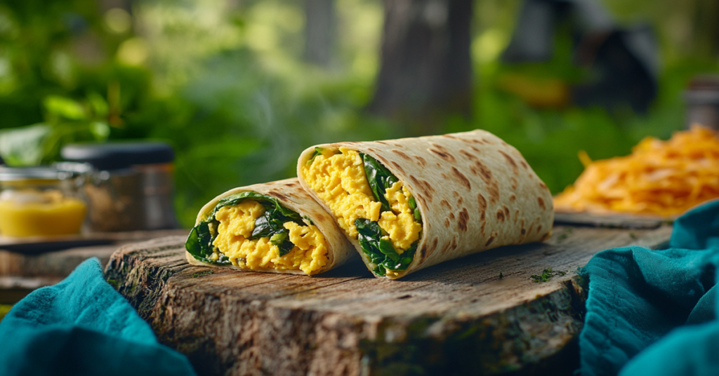 A high-protein egg and spinach wrap with scrambled eggs, sautéed spinach, and cheese in a whole wheat tortilla.