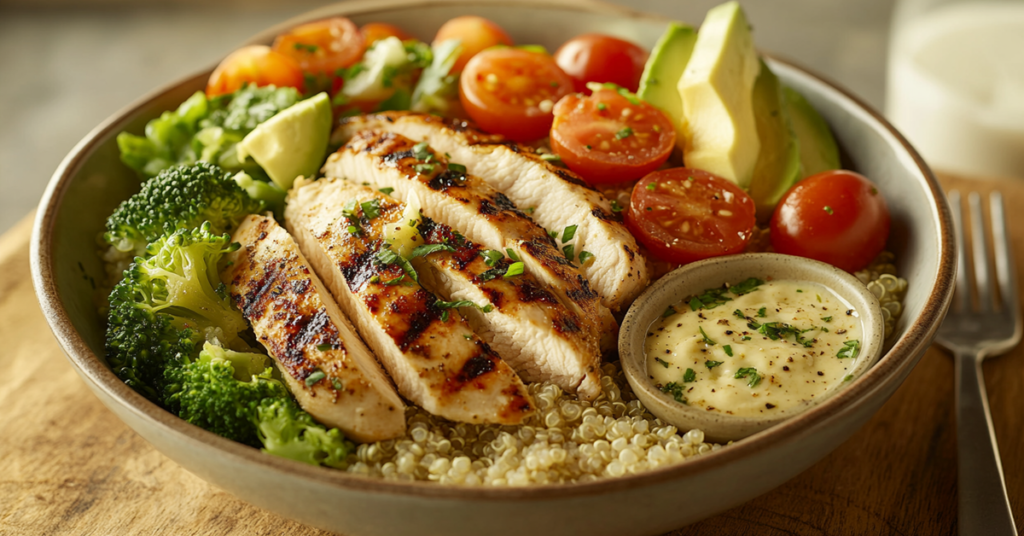 A high-protein grilled chicken and quinoa bowl with avocado, cherry tomatoes, and lemon herb dressing, served in a ceramic bowl.